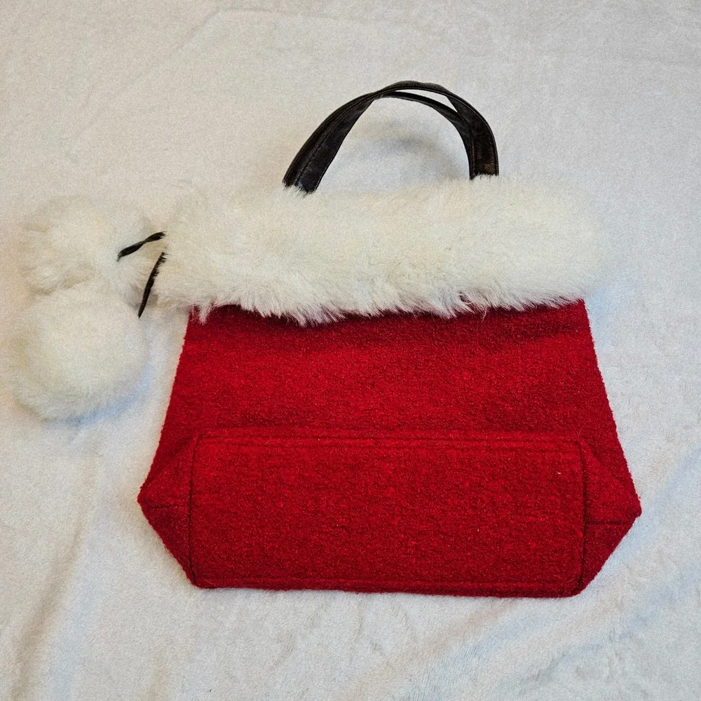 Bath Body Works Womens Red White Faux Fur Pom Pom Holiday Tote Bag Small Festive